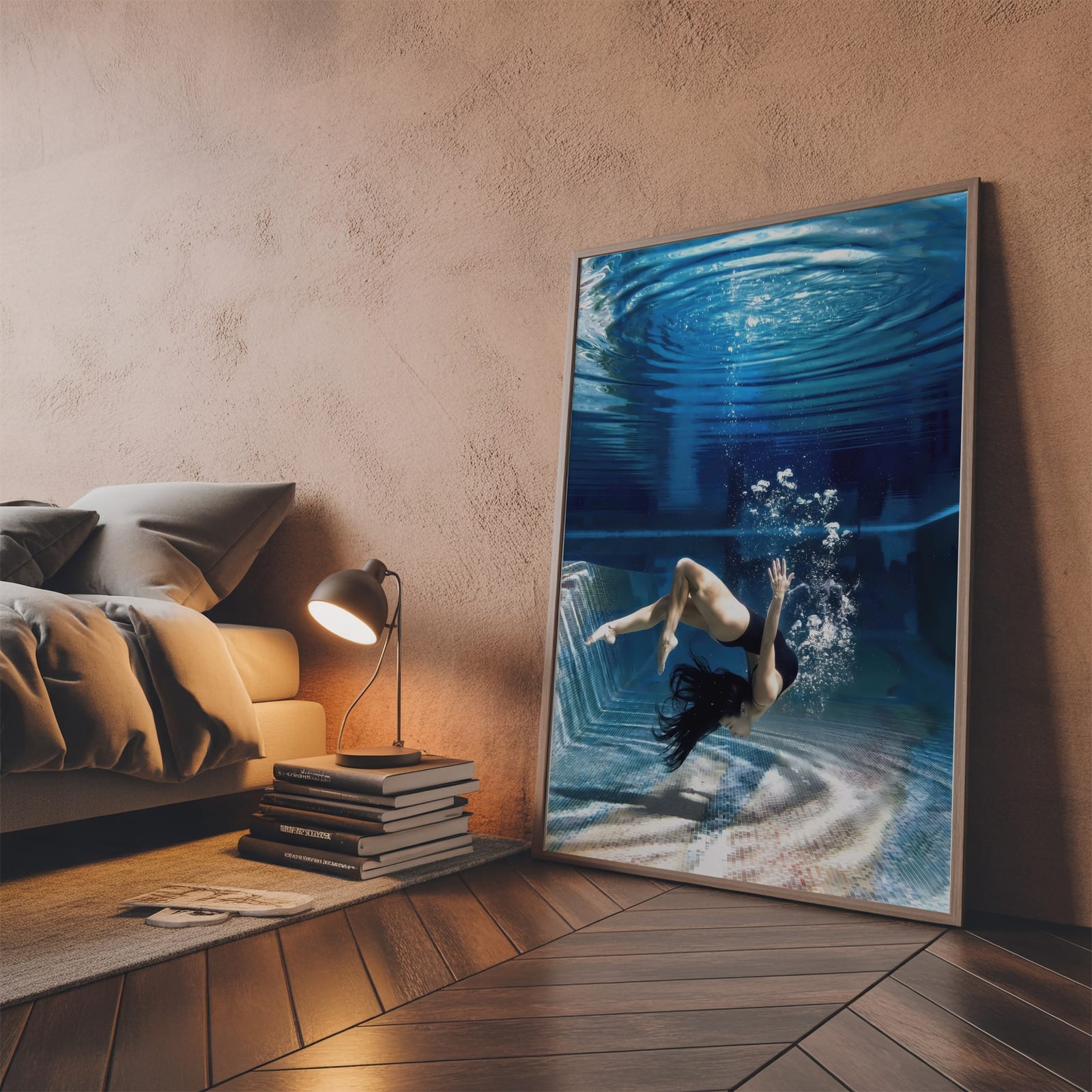 Schwimmerin im Poolblau, Poster Badezimmer, Wandkunst