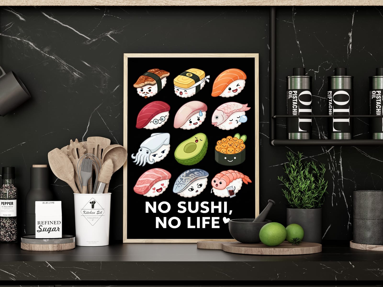 Zwölf Sushi-Gesichter, Sushi-Poster, Wandbild Küche