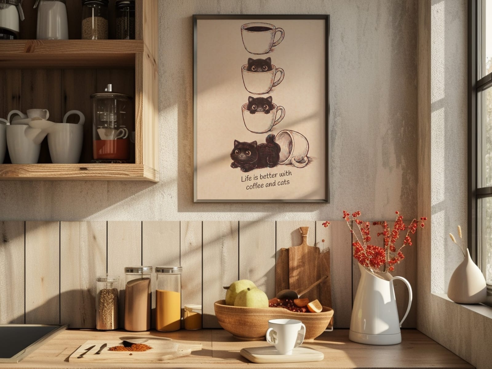 Katze in der Kaffeetasse, Kaffee-Poster, Wandbild Küche