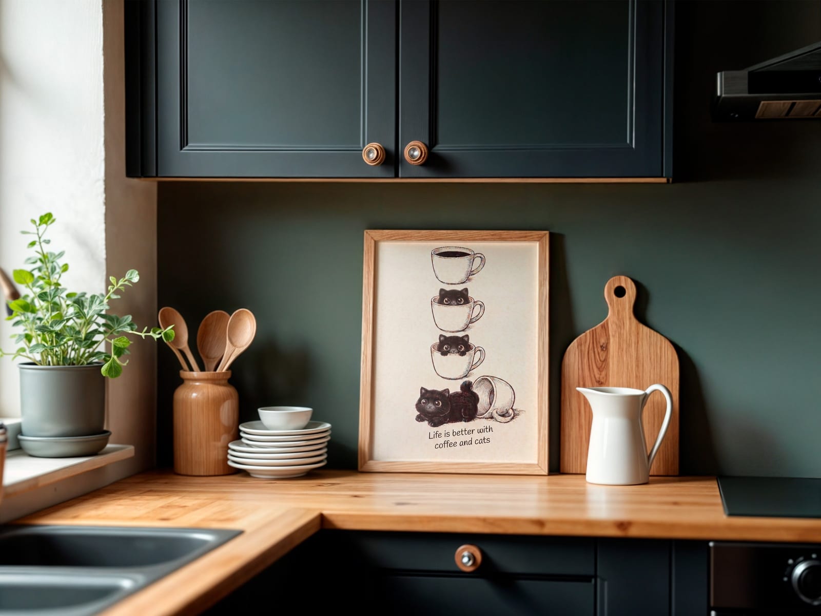 Katze in der Kaffeetasse, Kaffee-Poster, Wandbild Küche