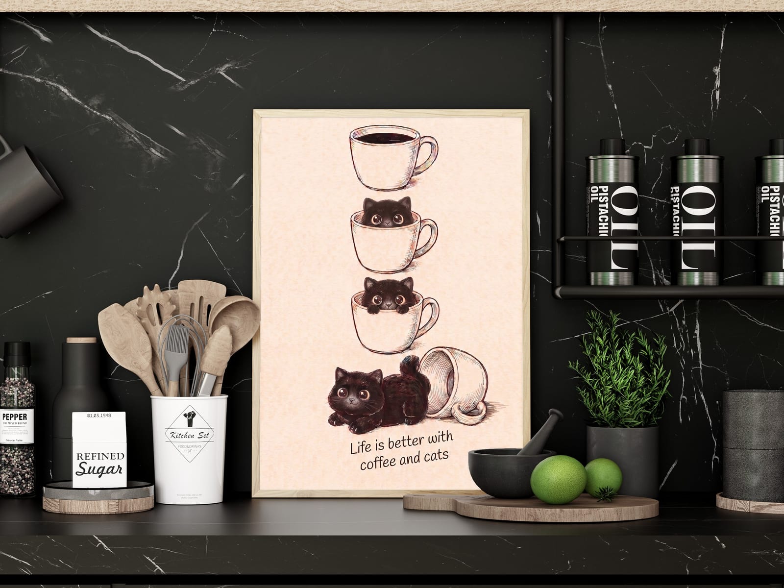 Katze in der Kaffeetasse, Kaffee-Poster, Wandbild Küche