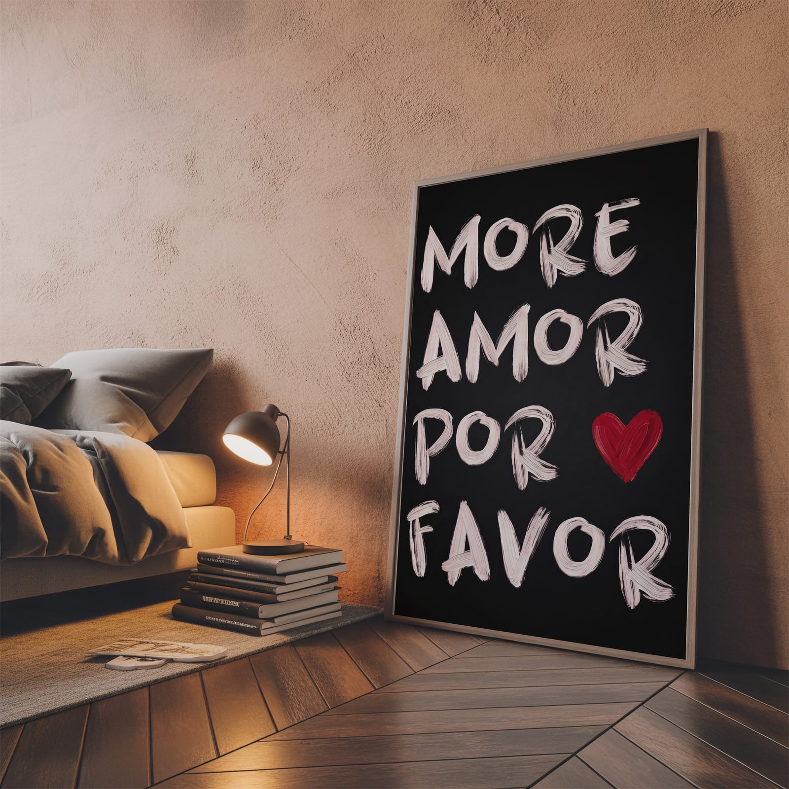 More Amor auf Schwarz, Typografie-Poster, Wandbild Schlafzimmer