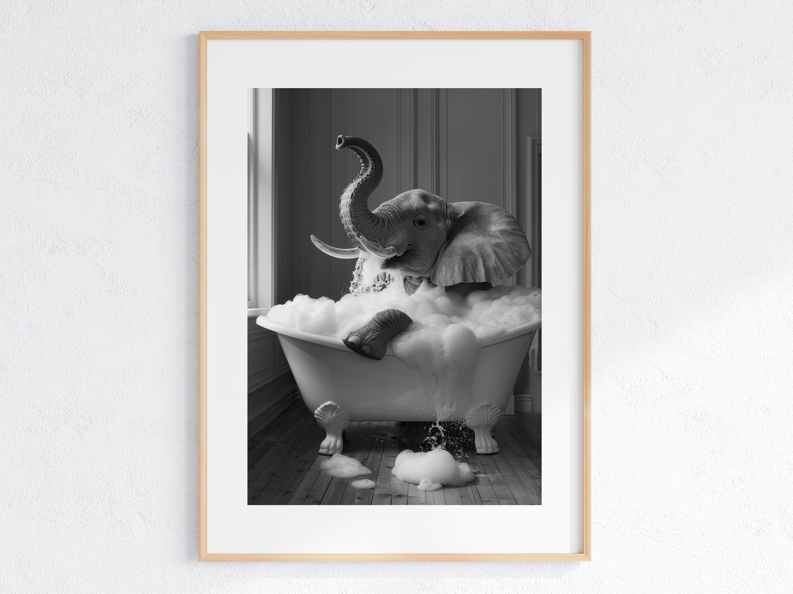 Stampa Elephant in Bathtub, arte da parete per bagno divertente, decoro per cameretta