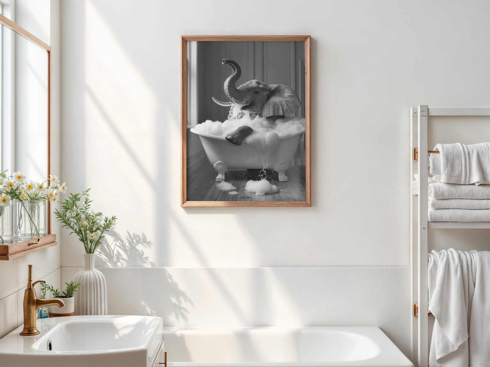 Stampa Elephant in Bathtub, arte da parete per bagno divertente, decoro per cameretta