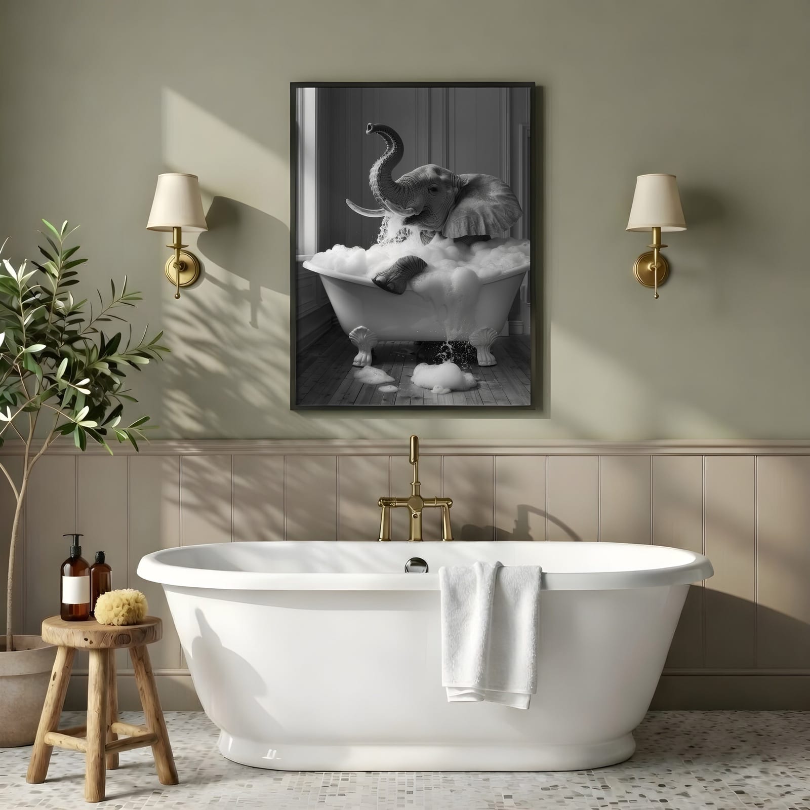 Stampa Elephant in Bathtub, arte da parete per bagno divertente, decoro per cameretta