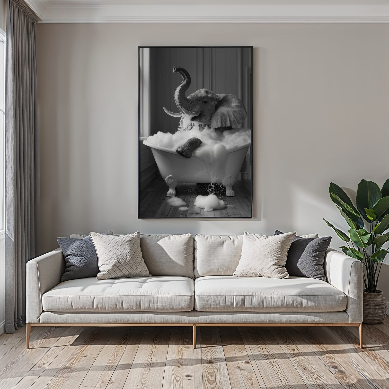 Stampa Elephant in Bathtub, arte da parete per bagno divertente, decoro per cameretta