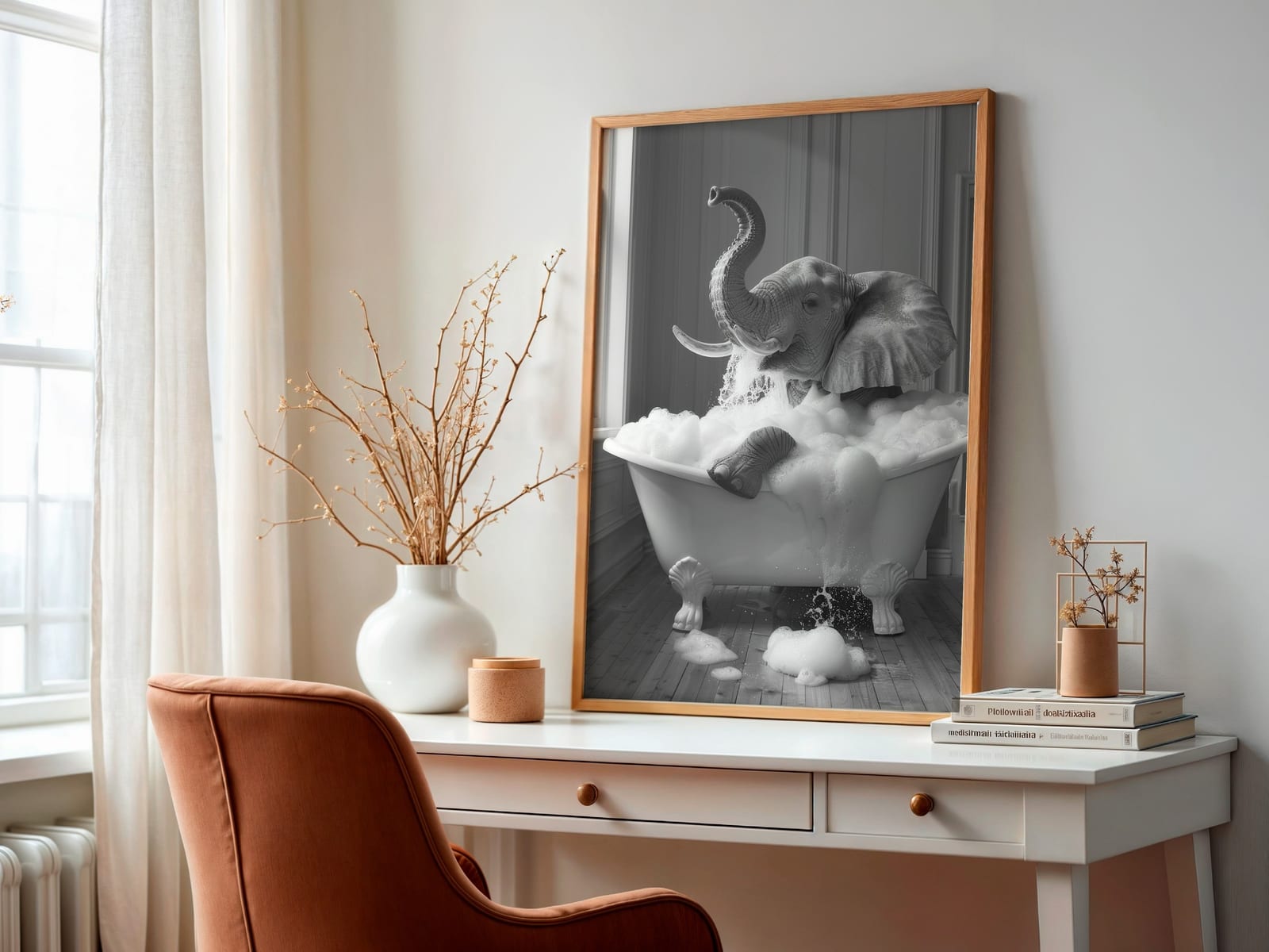 Stampa Elephant in Bathtub, arte da parete per bagno divertente, decoro per cameretta