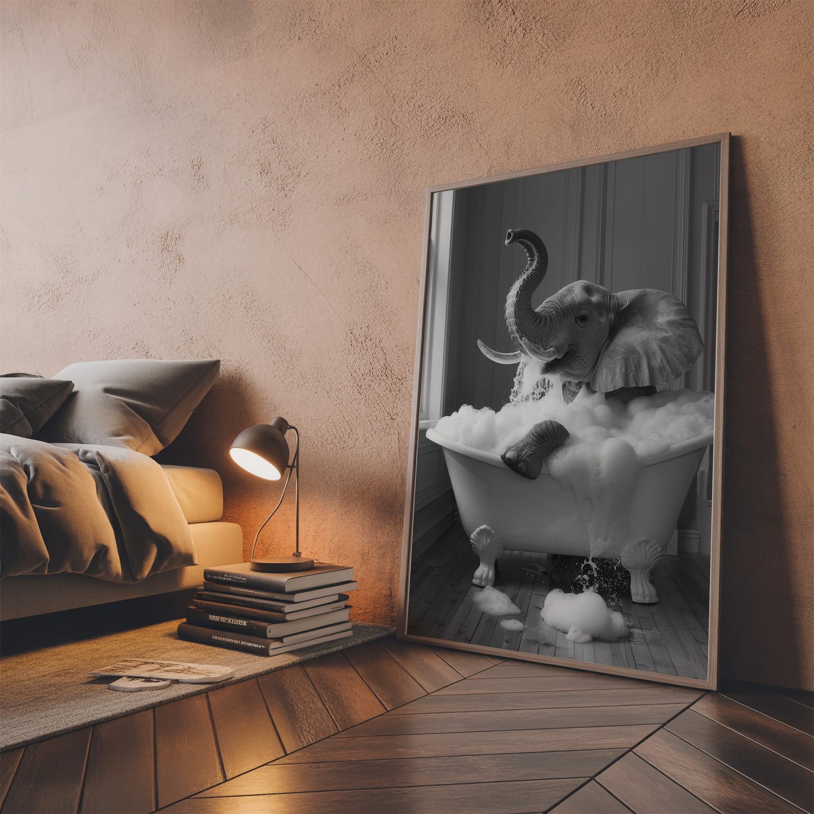 Stampa Elephant in Bathtub, arte da parete per bagno divertente, decoro per cameretta