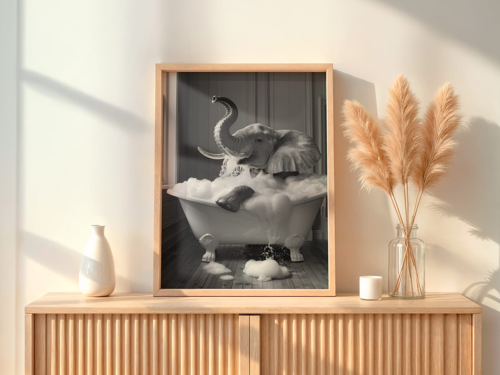 Stampa Elephant in Bathtub, arte da parete per bagno divertente, decoro per cameretta
