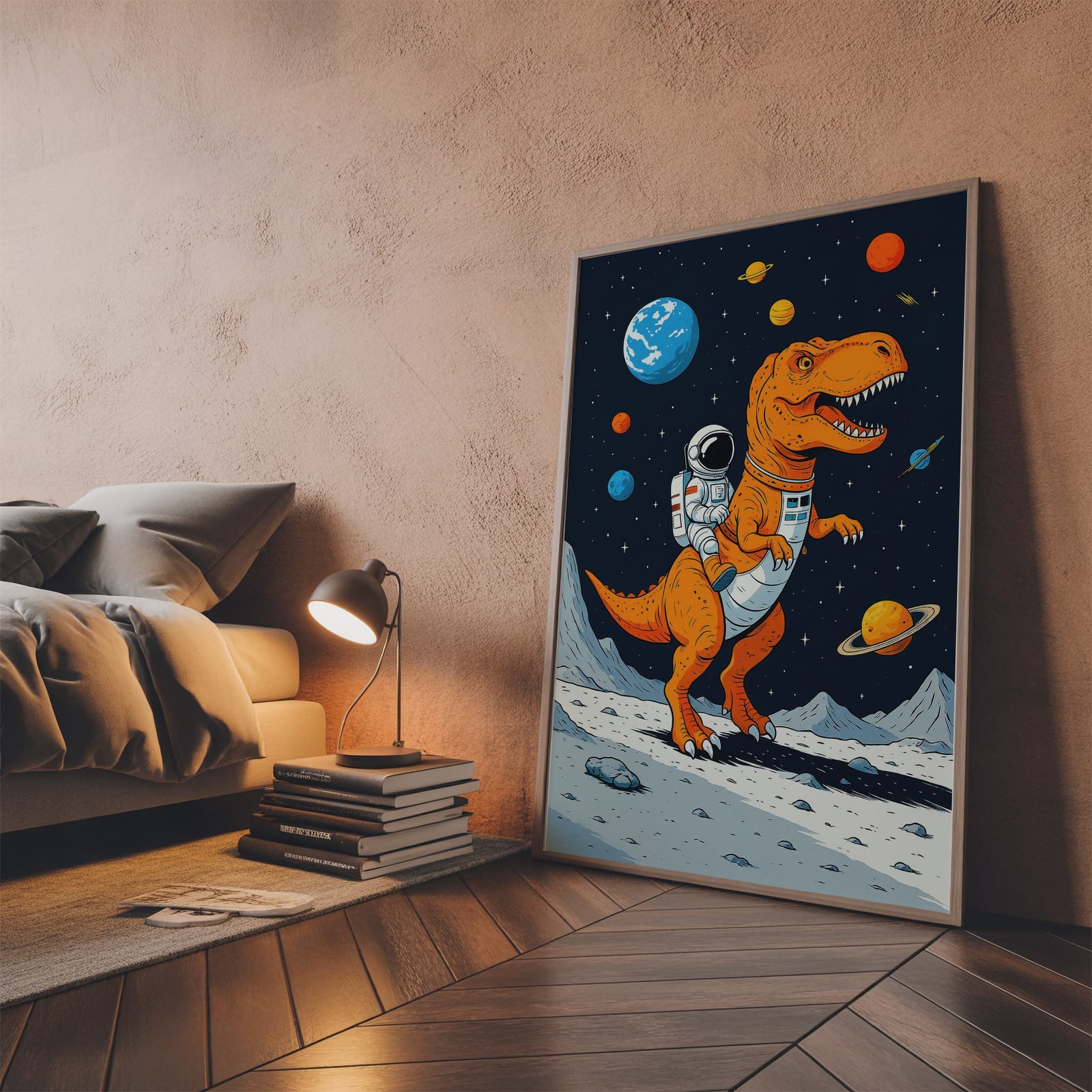 Poster Astronaute sur un T-Rex dans l'espace