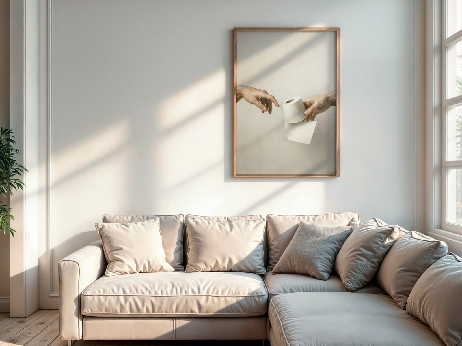Poster Parodia della Creazione di Michelangelo, Arte Ironica con Carta Igienica, Decoro per Bagno degli Ospiti