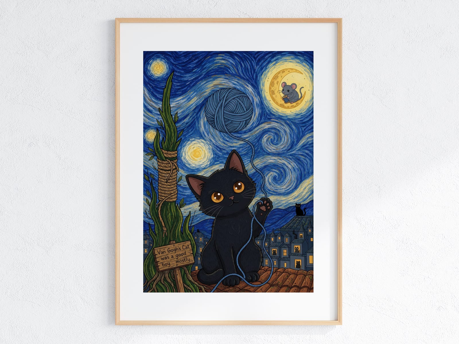 Wollknäuel am Sternenhimmel, Katzen-Poster, Wandbild Kinderzimmer