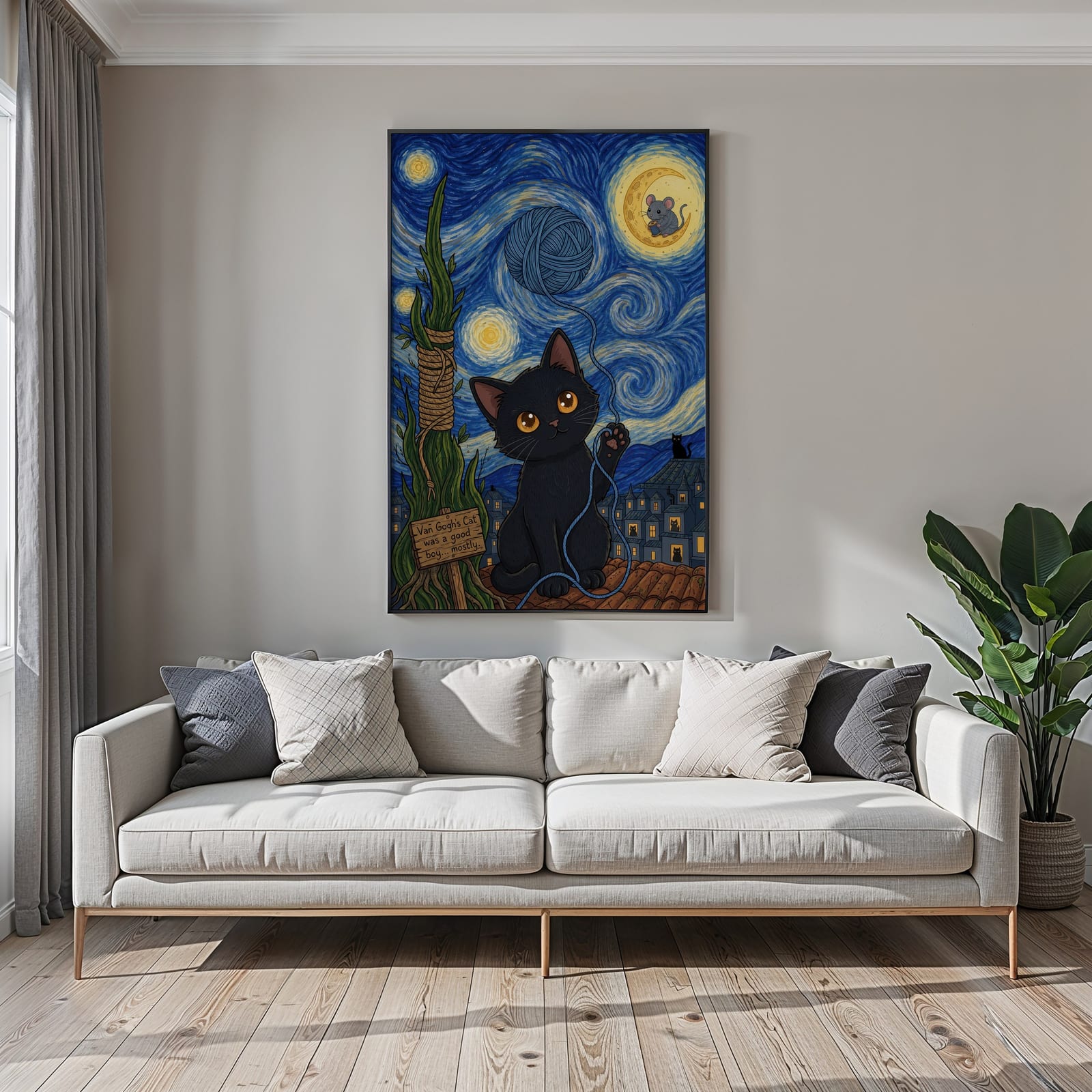 Wollknäuel am Sternenhimmel, Katzen-Poster, Wandbild Kinderzimmer