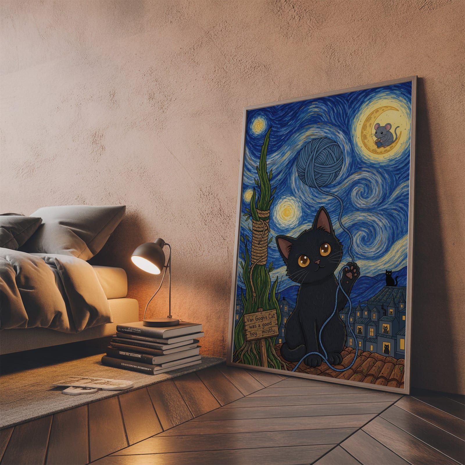 Wollknäuel am Sternenhimmel, Katzen-Poster, Wandbild Kinderzimmer