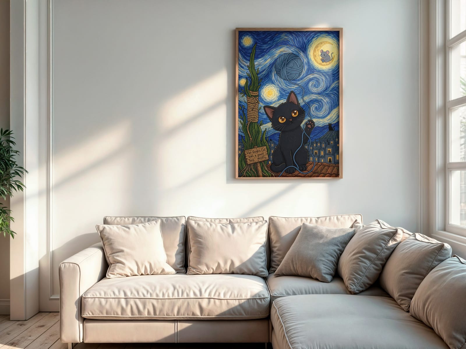 Wollknäuel am Sternenhimmel, Katzen-Poster, Wandbild Kinderzimmer