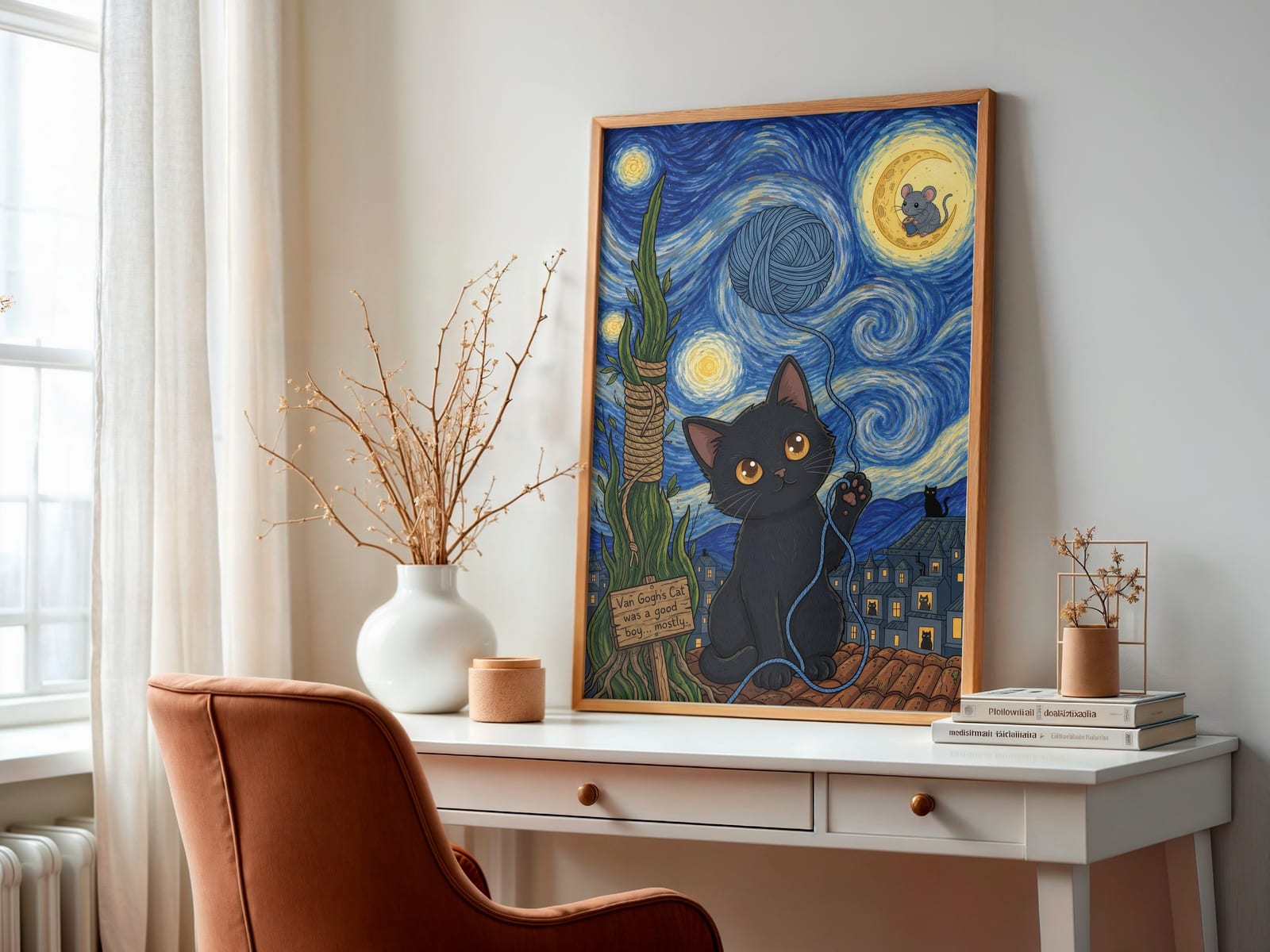 Wollknäuel am Sternenhimmel, Katzen-Poster, Wandbild Kinderzimmer