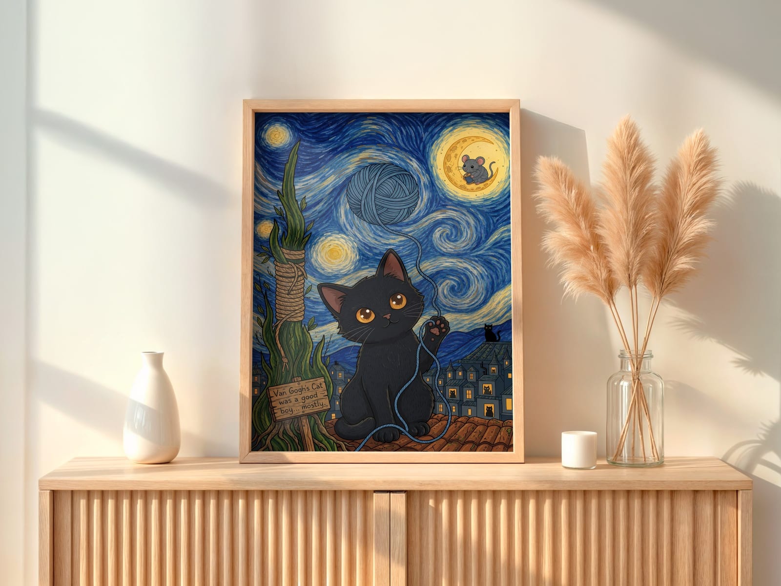 Wollknäuel am Sternenhimmel, Katzen-Poster, Wandbild Kinderzimmer