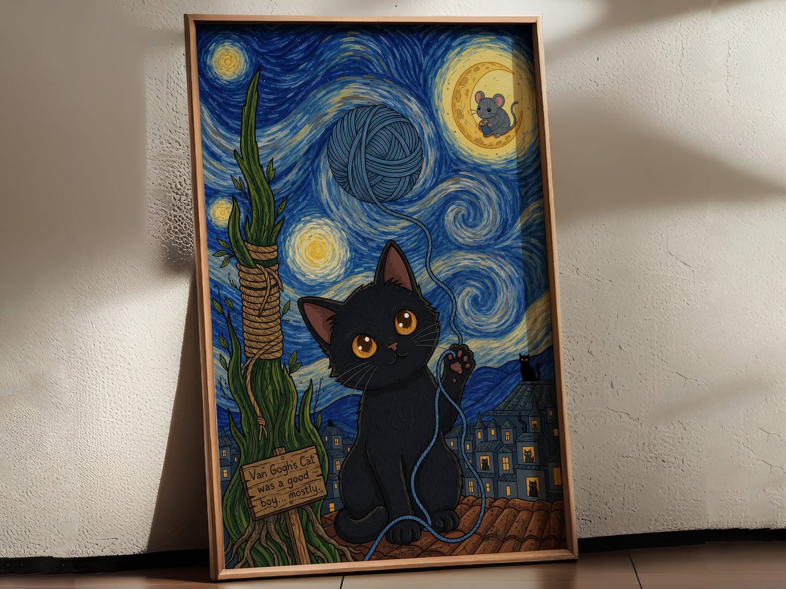 Wollknäuel am Sternenhimmel, Katzen-Poster, Wandbild Kinderzimmer
