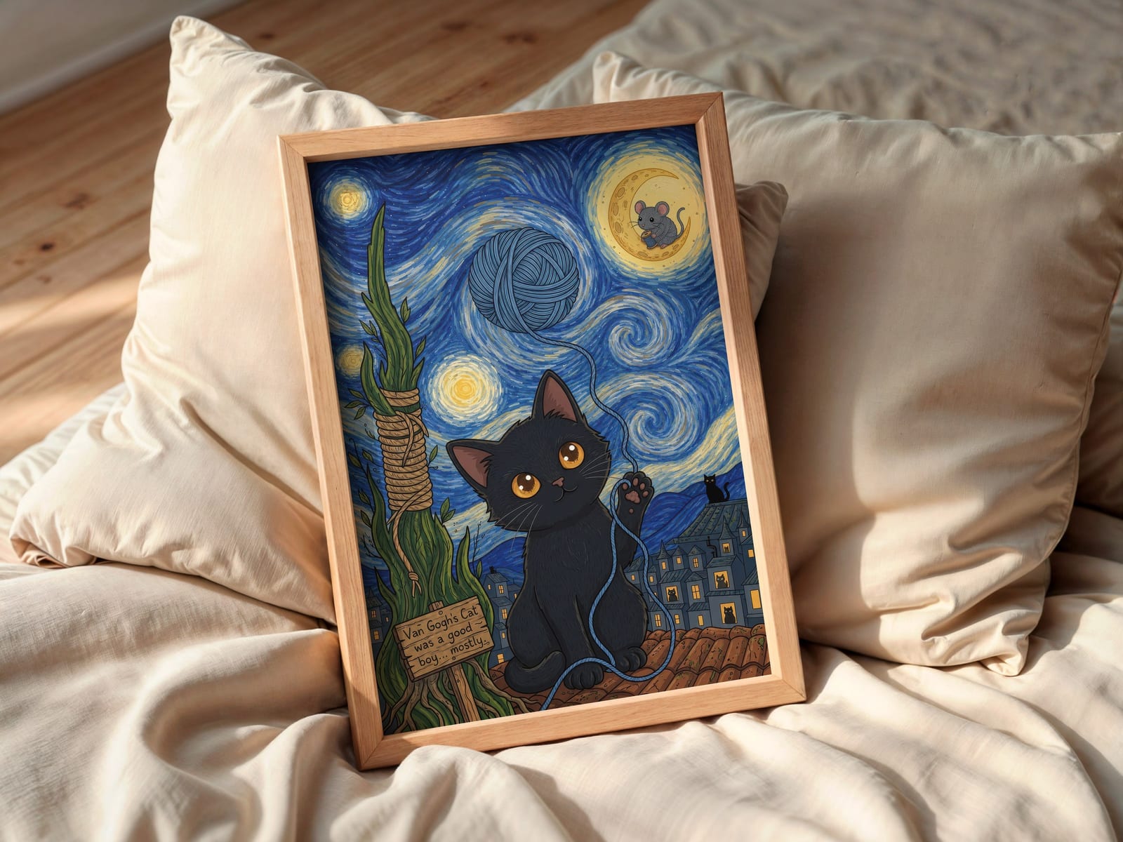 Wollknäuel am Sternenhimmel, Katzen-Poster, Wandbild Kinderzimmer