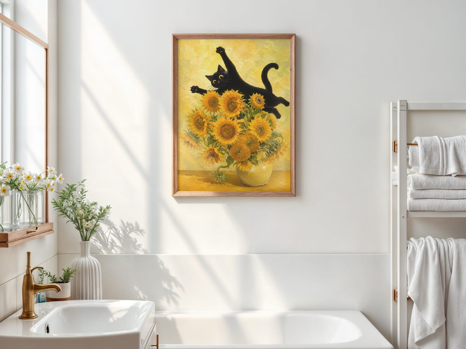 Stampa Gatto Nero con Girasoli