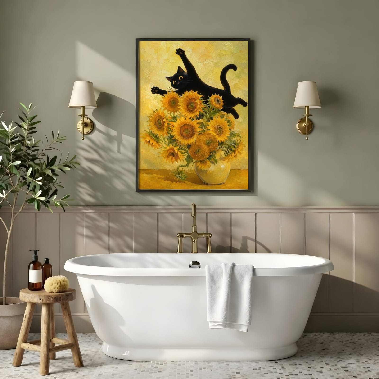 Stampa Gatto Nero con Girasoli