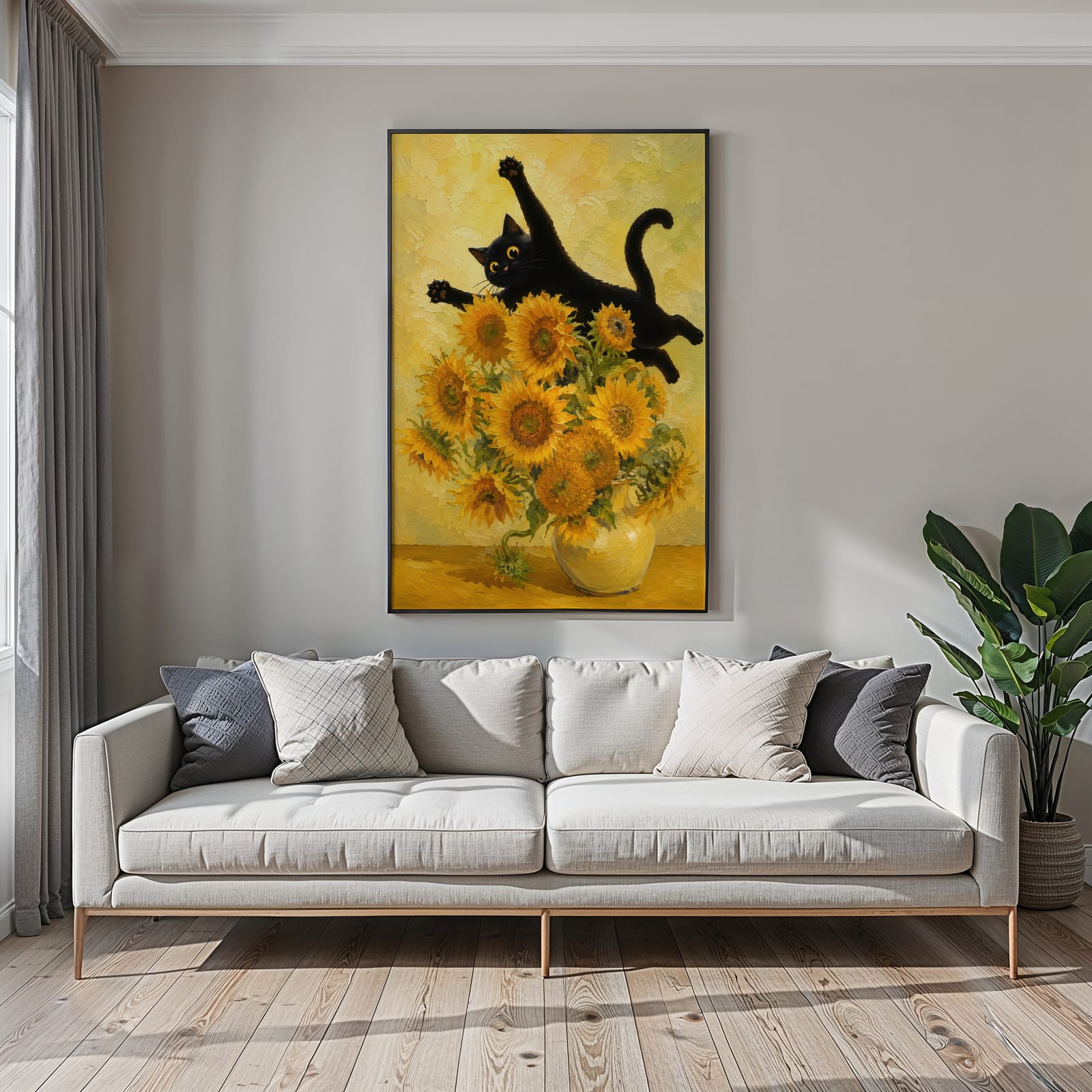 Stampa Gatto Nero con Girasoli