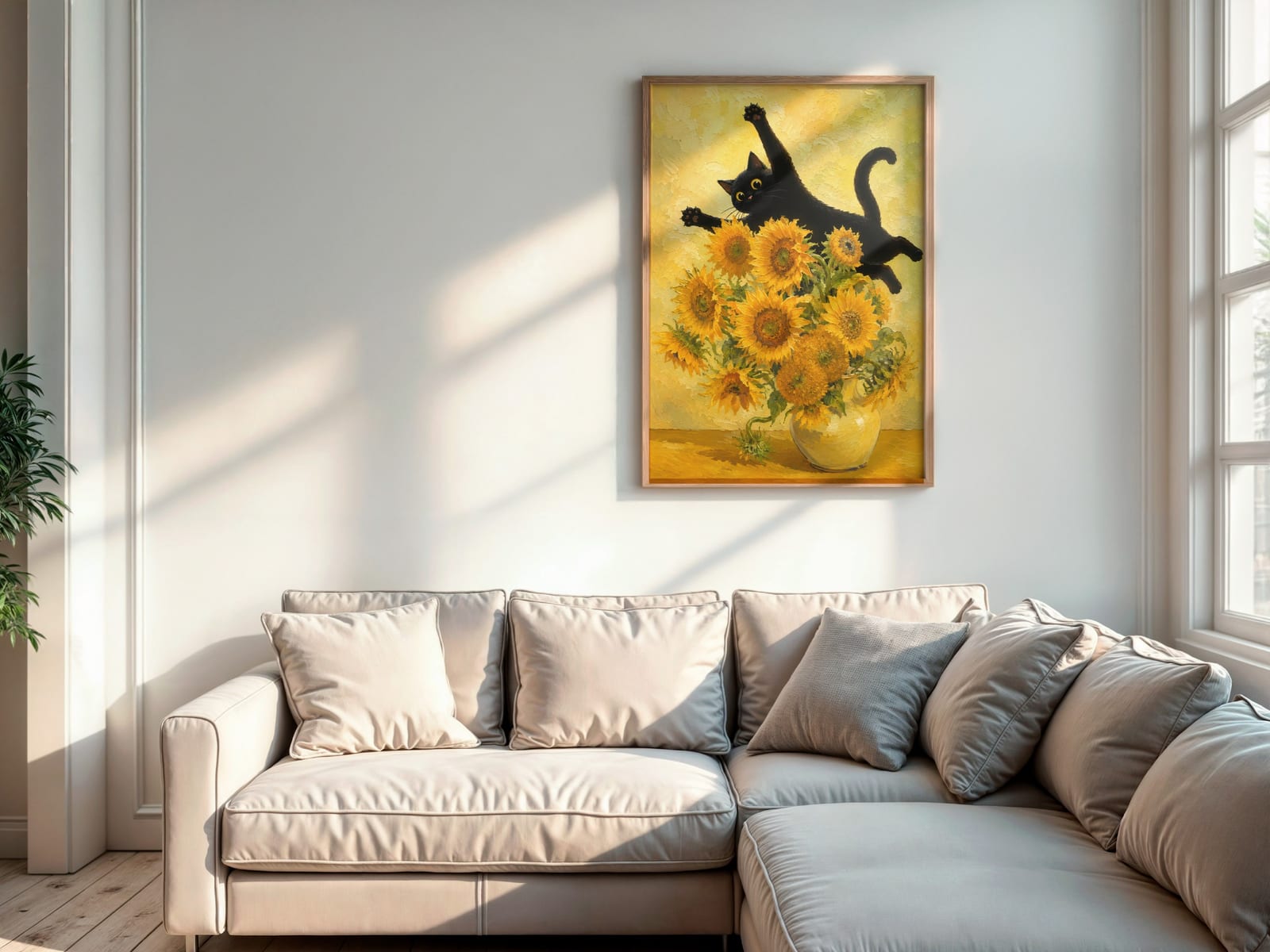 Stampa Gatto Nero con Girasoli