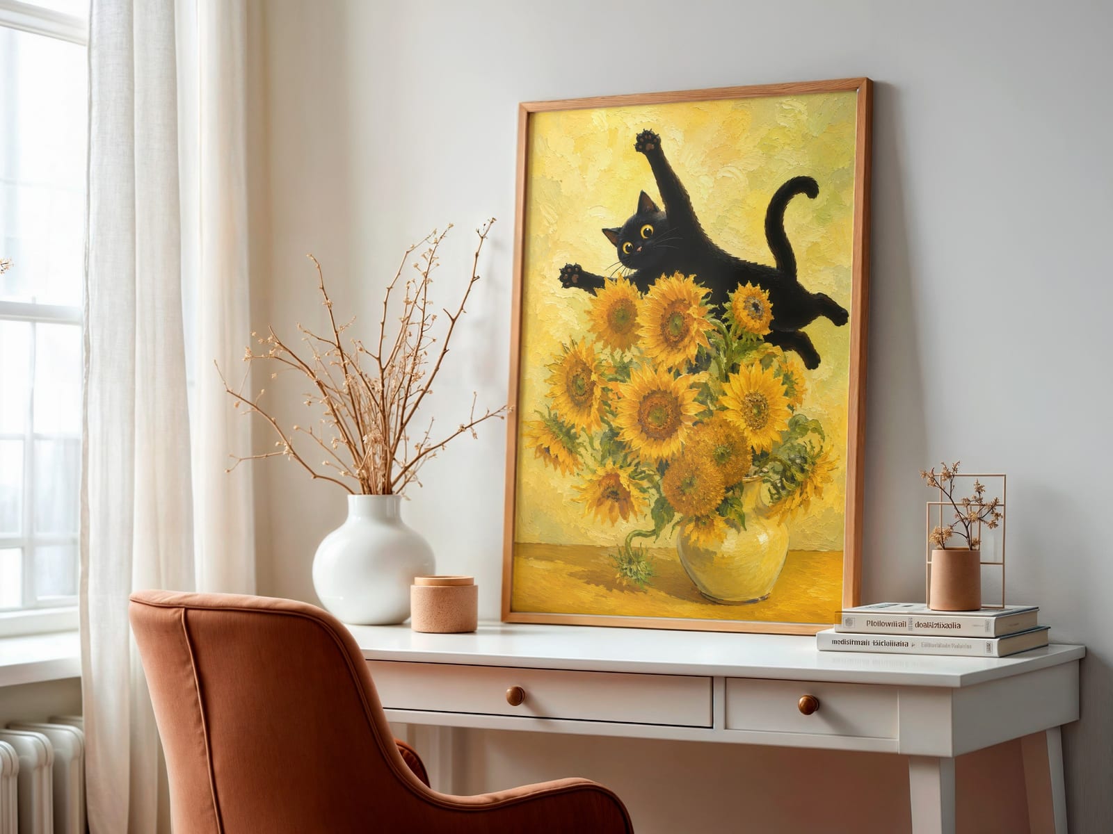 Stampa Gatto Nero con Girasoli