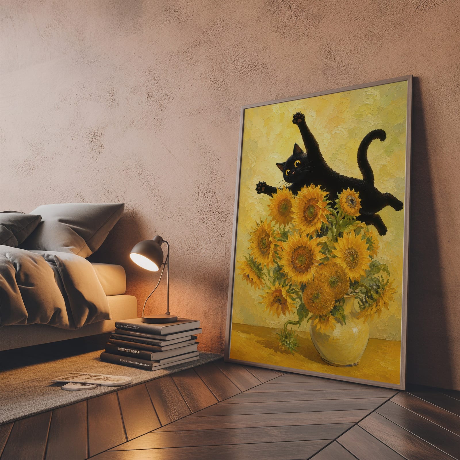 Stampa Gatto Nero con Girasoli
