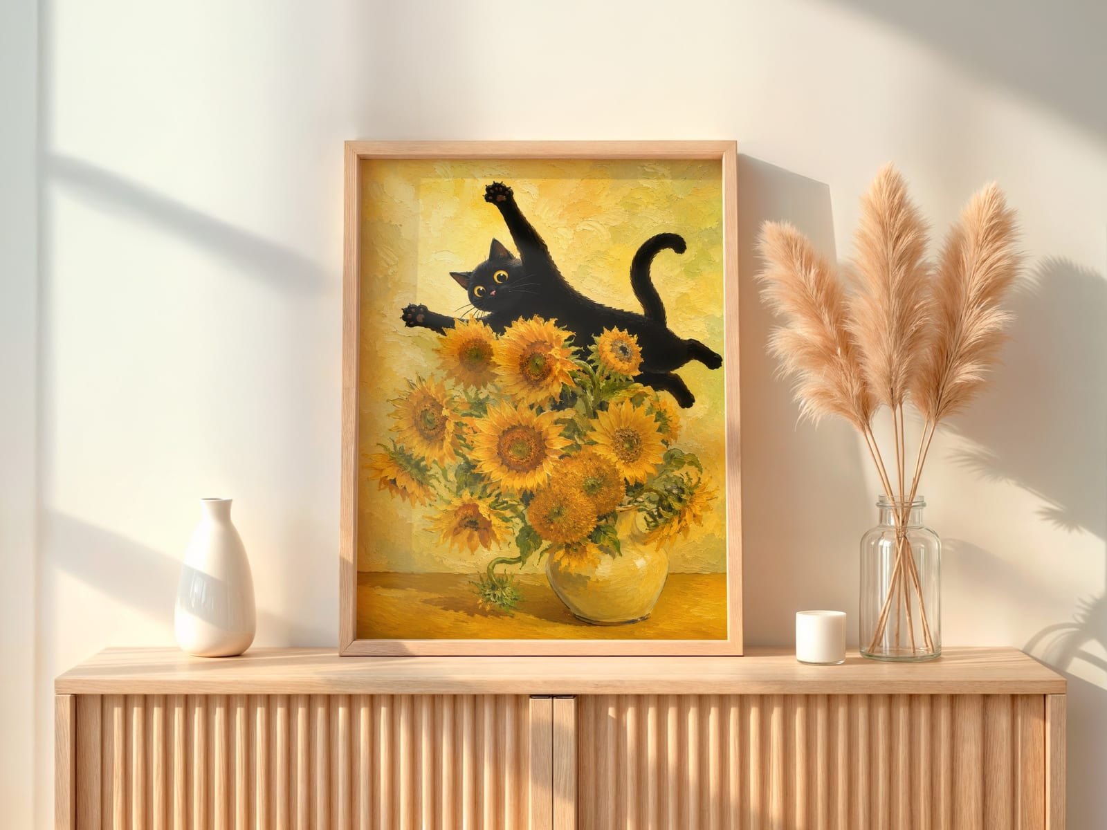 Stampa Gatto Nero con Girasoli