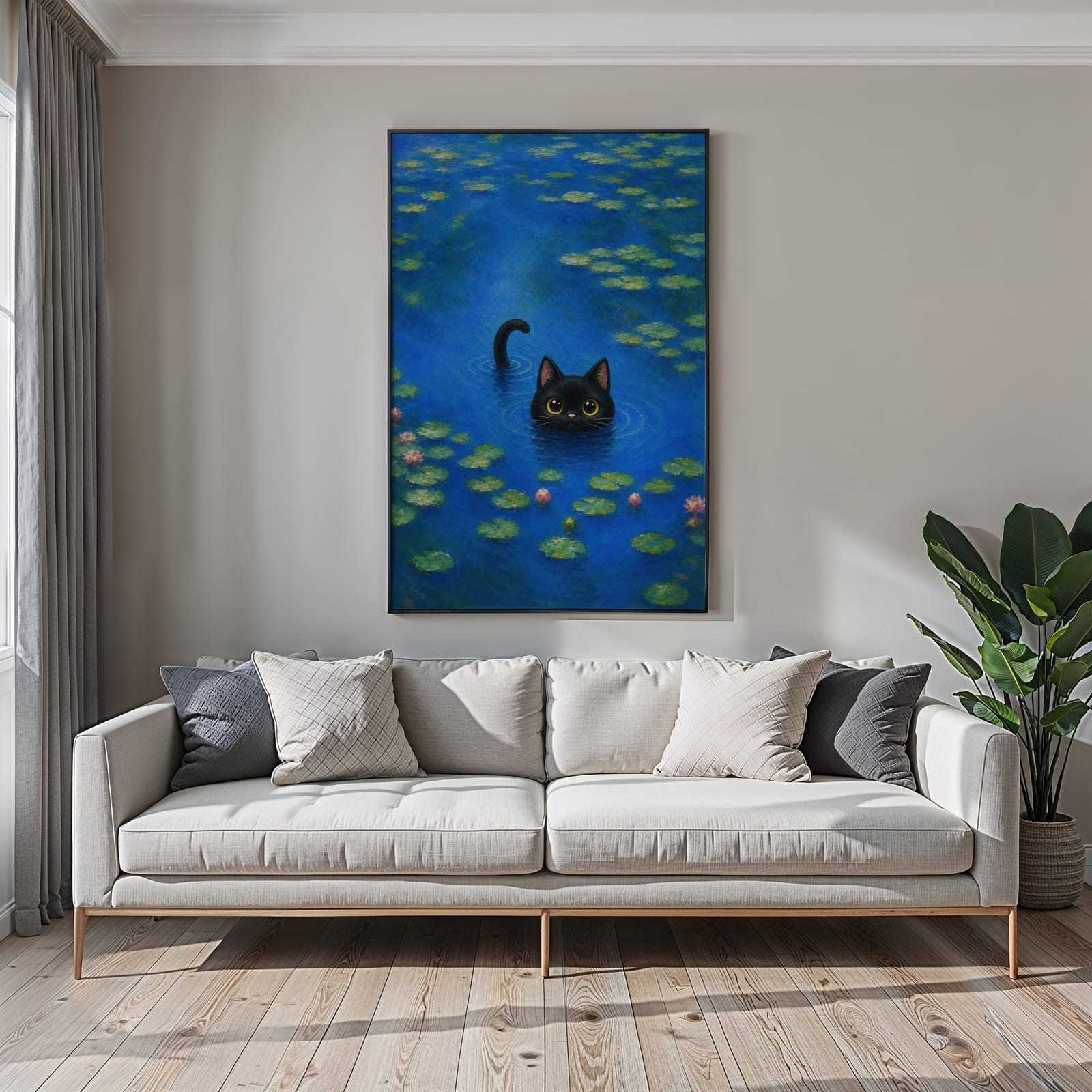 Arte Gatto Nero nello Stagno delle Ninfee