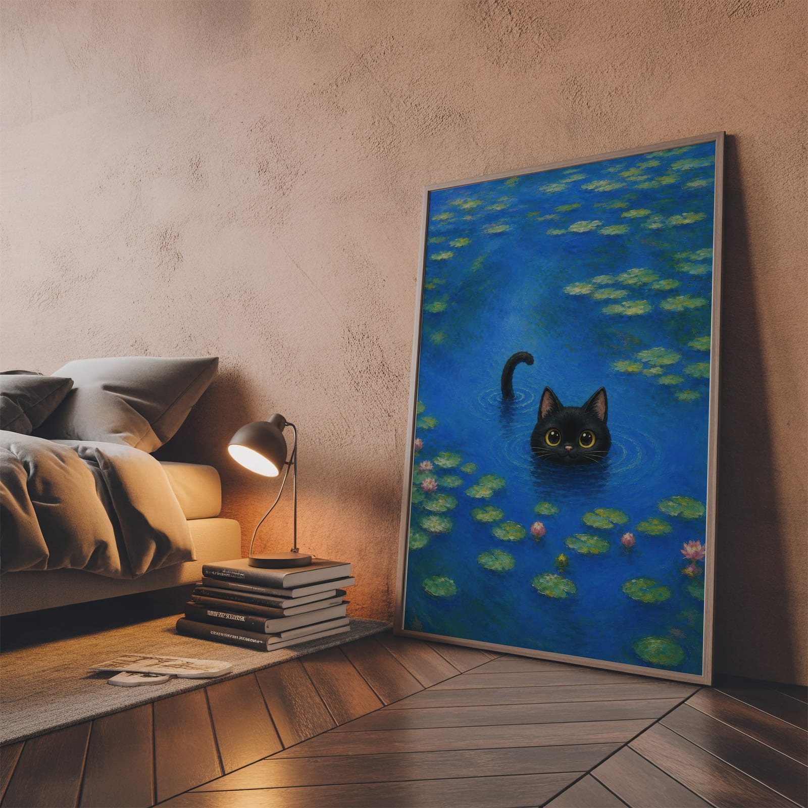 Arte Gatto Nero nello Stagno delle Ninfee
