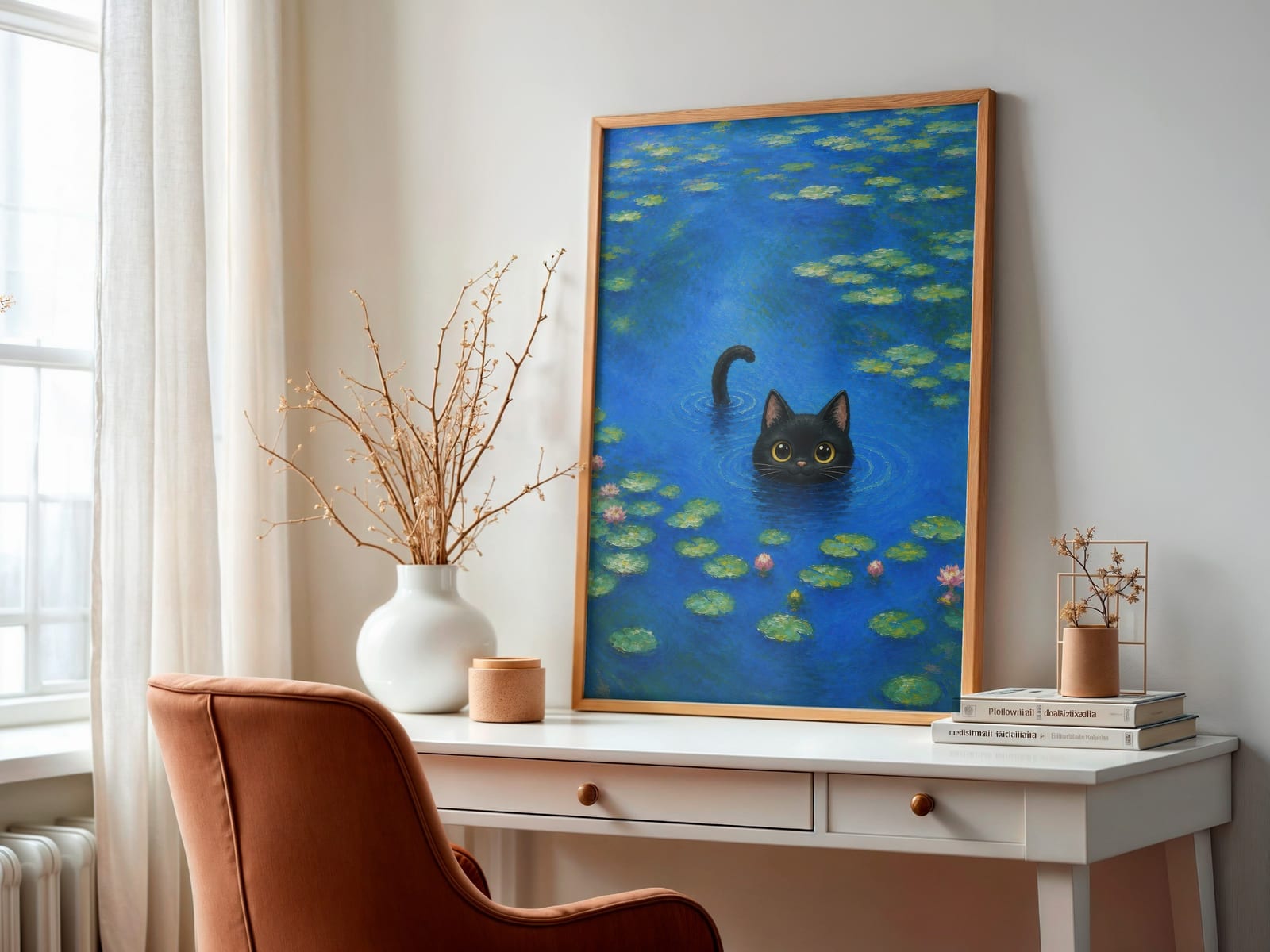 Arte Gatto Nero nello Stagno delle Ninfee