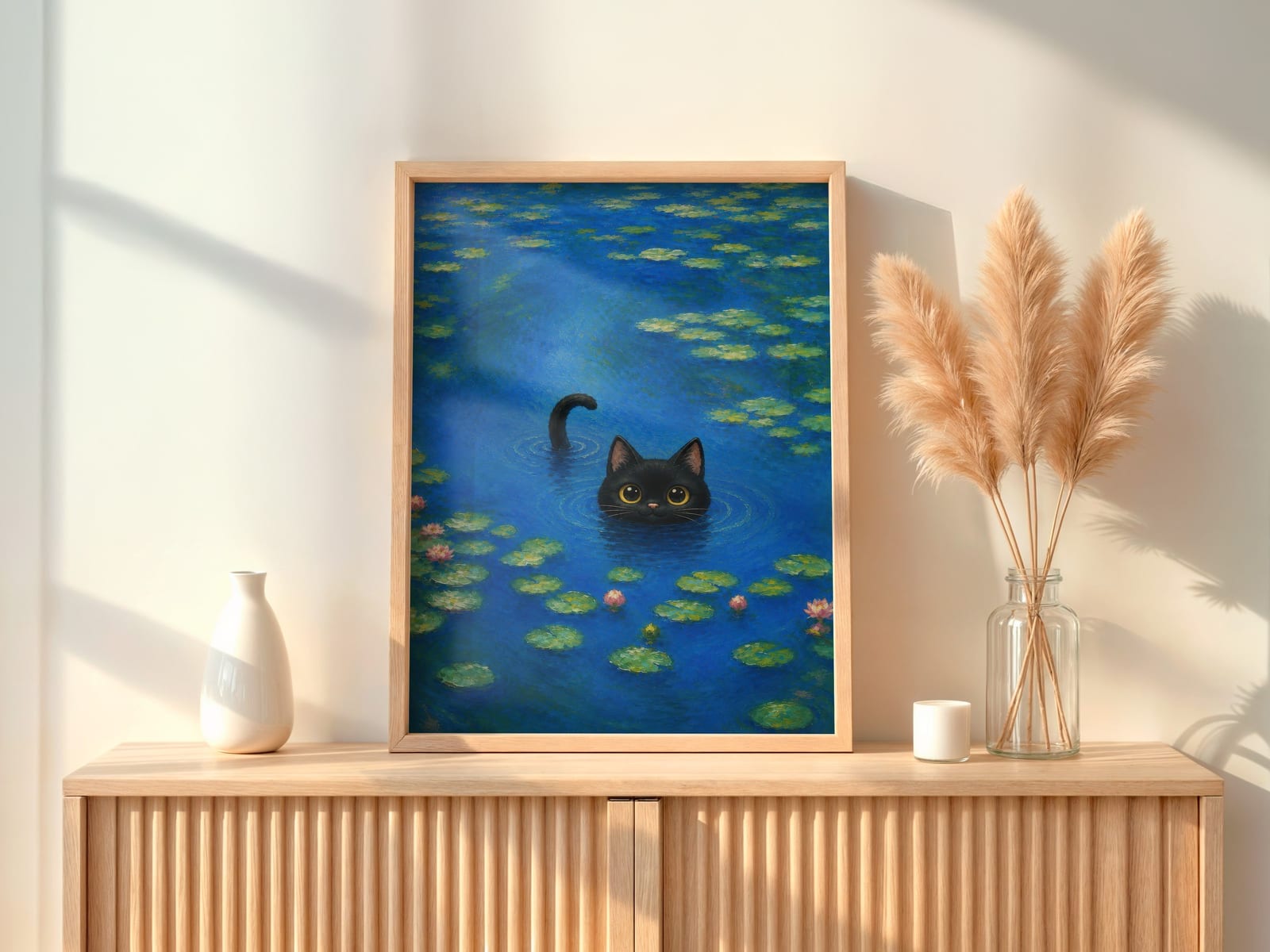 Arte Gatto Nero nello Stagno delle Ninfee