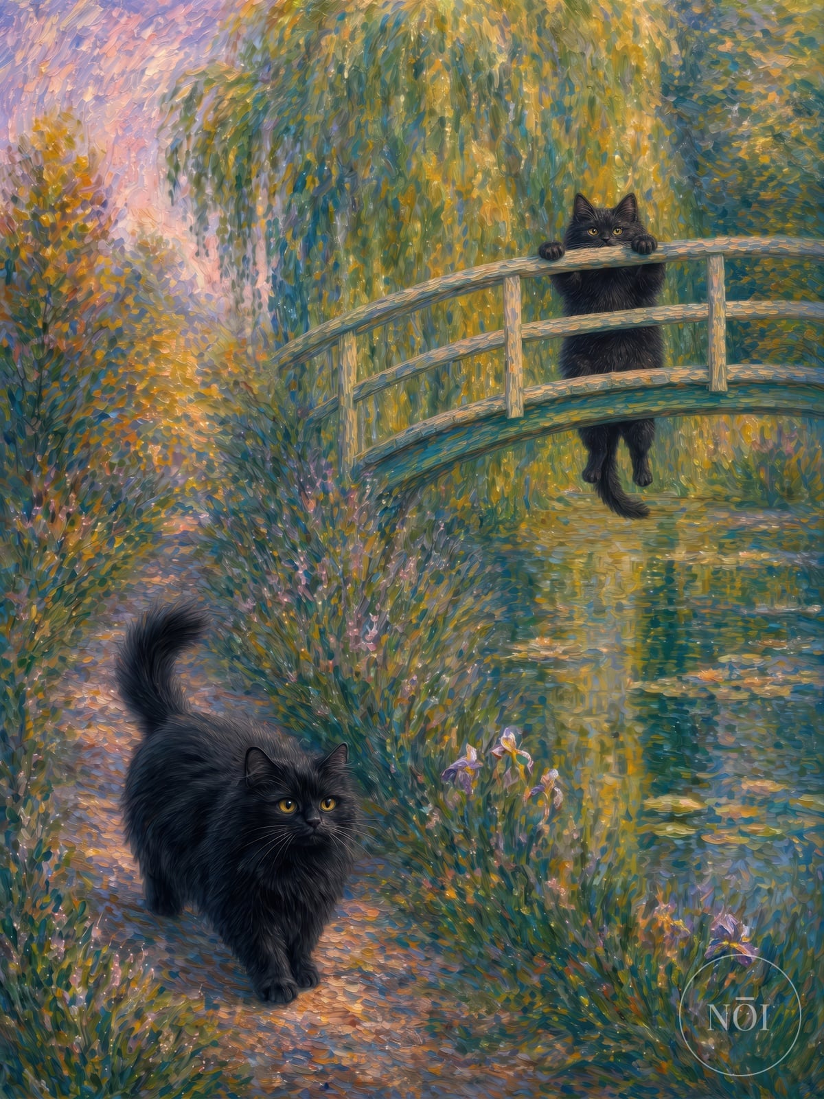 Katzen im Seerosengarten, Kunstdruck Wohnzimmer, Wandbild Schlafzimmer — Poster (ungerahmt)