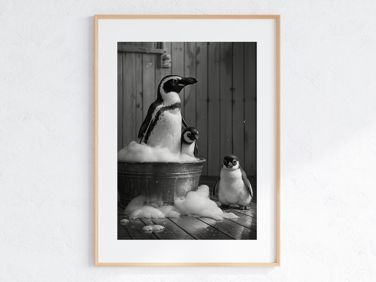 Pinguïnfamilie Schuimbad Print, Grappige Badkamer Wanddecoratie, Dieren-Humor Poster