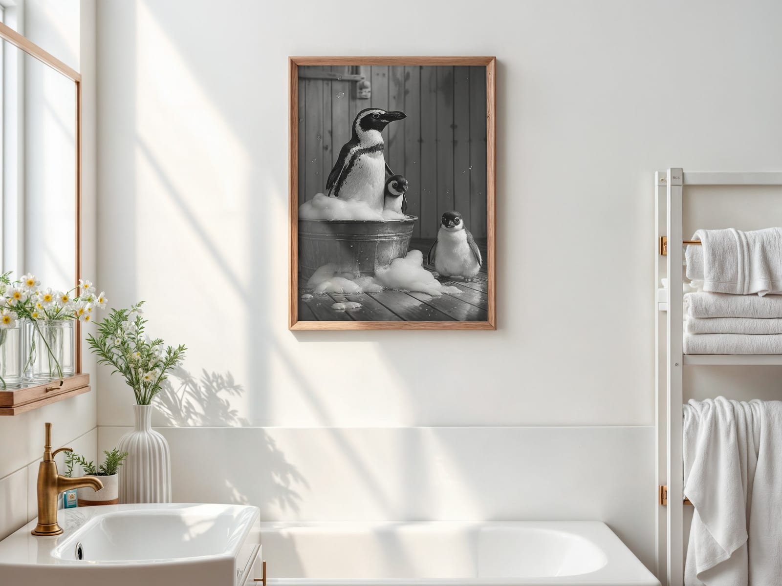 Pinguïnfamilie Schuimbad Print, Grappige Badkamer Wanddecoratie, Dieren-Humor Poster