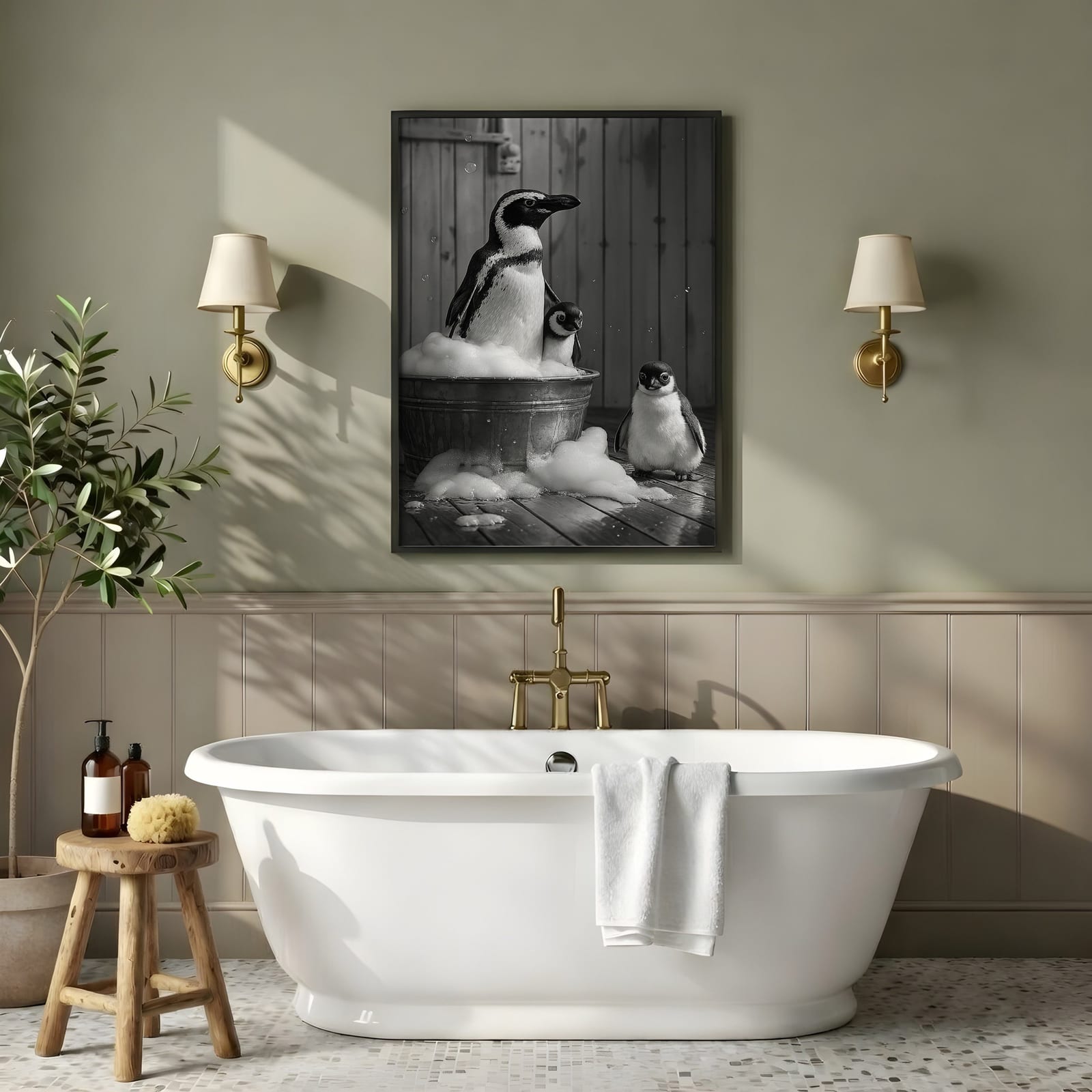 Pinguïnfamilie Schuimbad Print, Grappige Badkamer Wanddecoratie, Dieren-Humor Poster