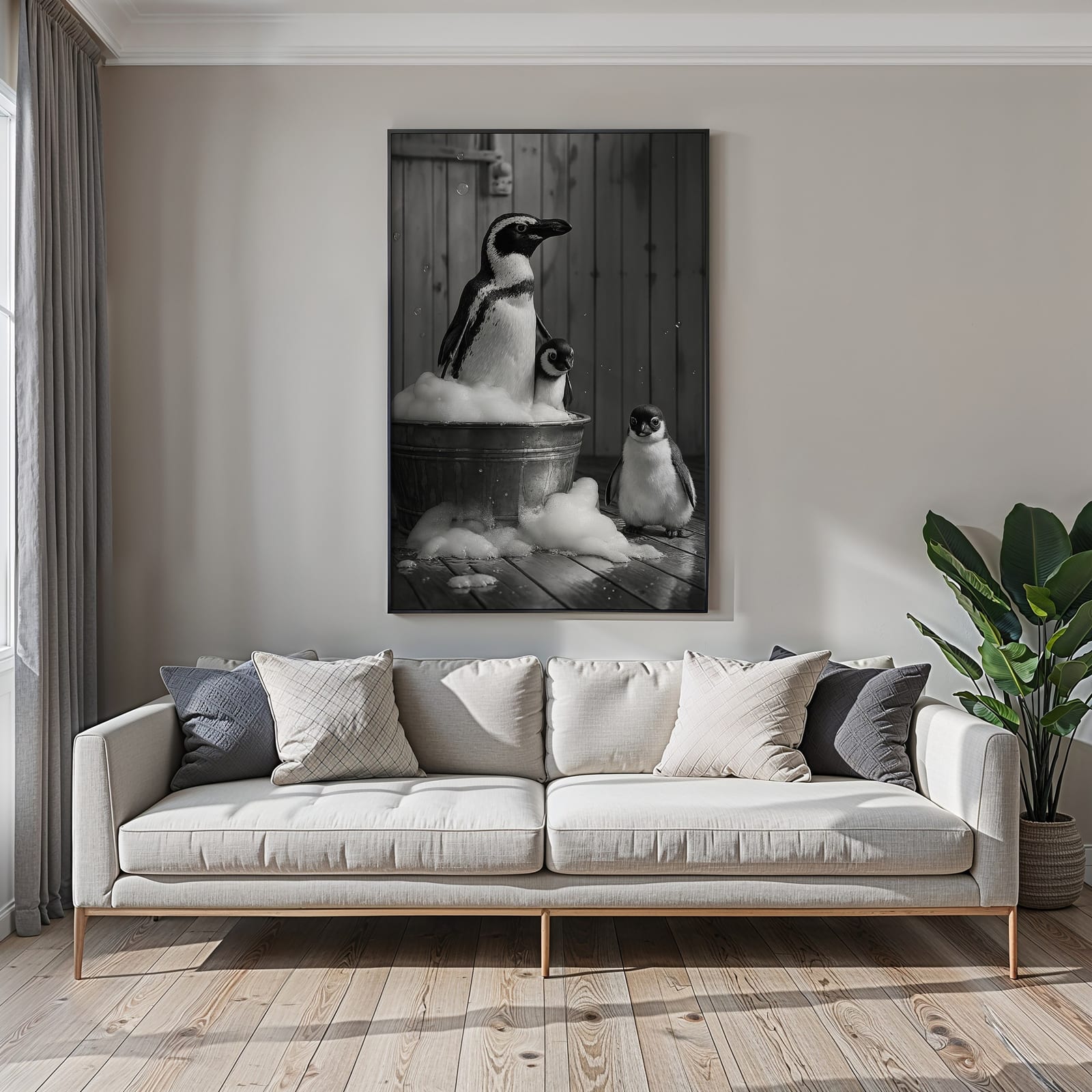 Pinguïnfamilie Schuimbad Print, Grappige Badkamer Wanddecoratie, Dieren-Humor Poster