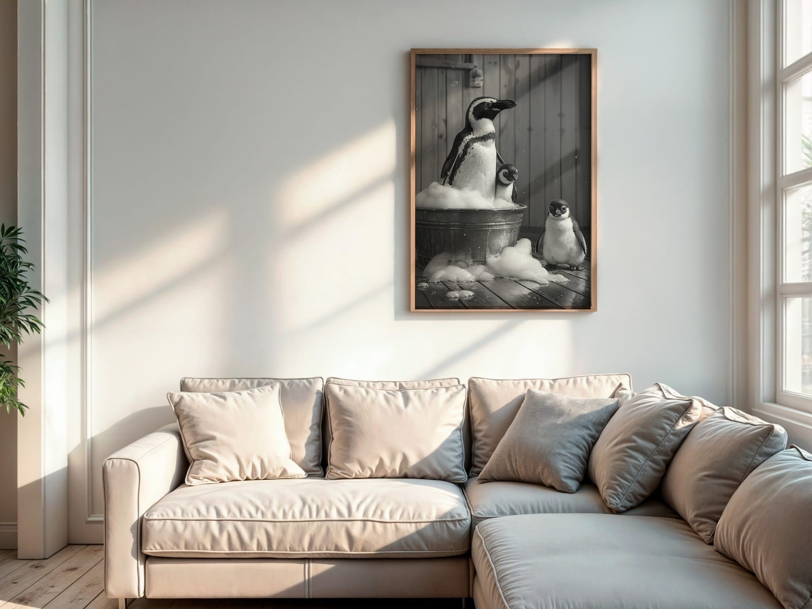 Pinguïnfamilie Schuimbad Print, Grappige Badkamer Wanddecoratie, Dieren-Humor Poster