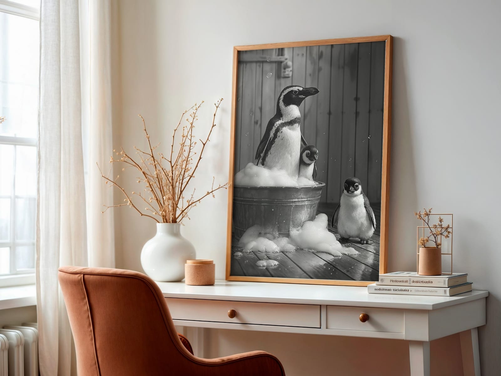 Pinguïnfamilie Schuimbad Print, Grappige Badkamer Wanddecoratie, Dieren-Humor Poster