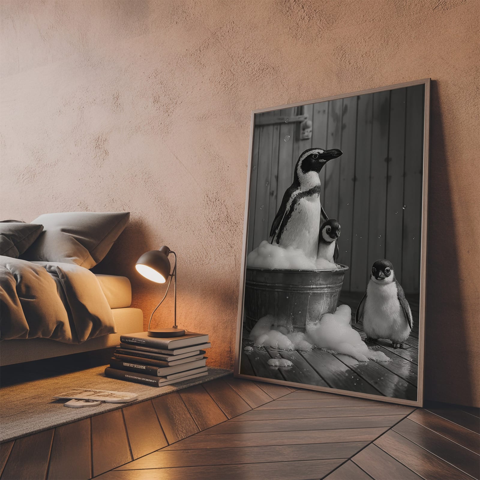 Pinguïnfamilie Schuimbad Print, Grappige Badkamer Wanddecoratie, Dieren-Humor Poster
