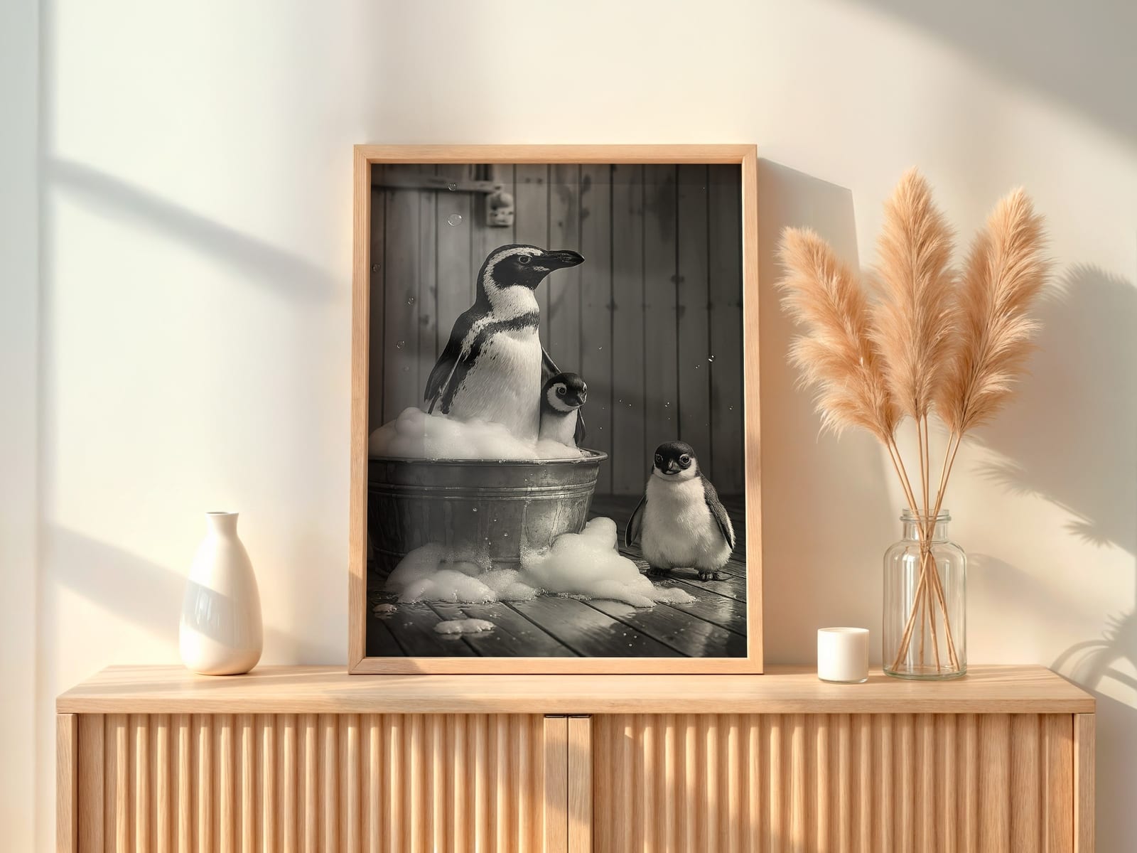 Pinguïnfamilie Schuimbad Print, Grappige Badkamer Wanddecoratie, Dieren-Humor Poster