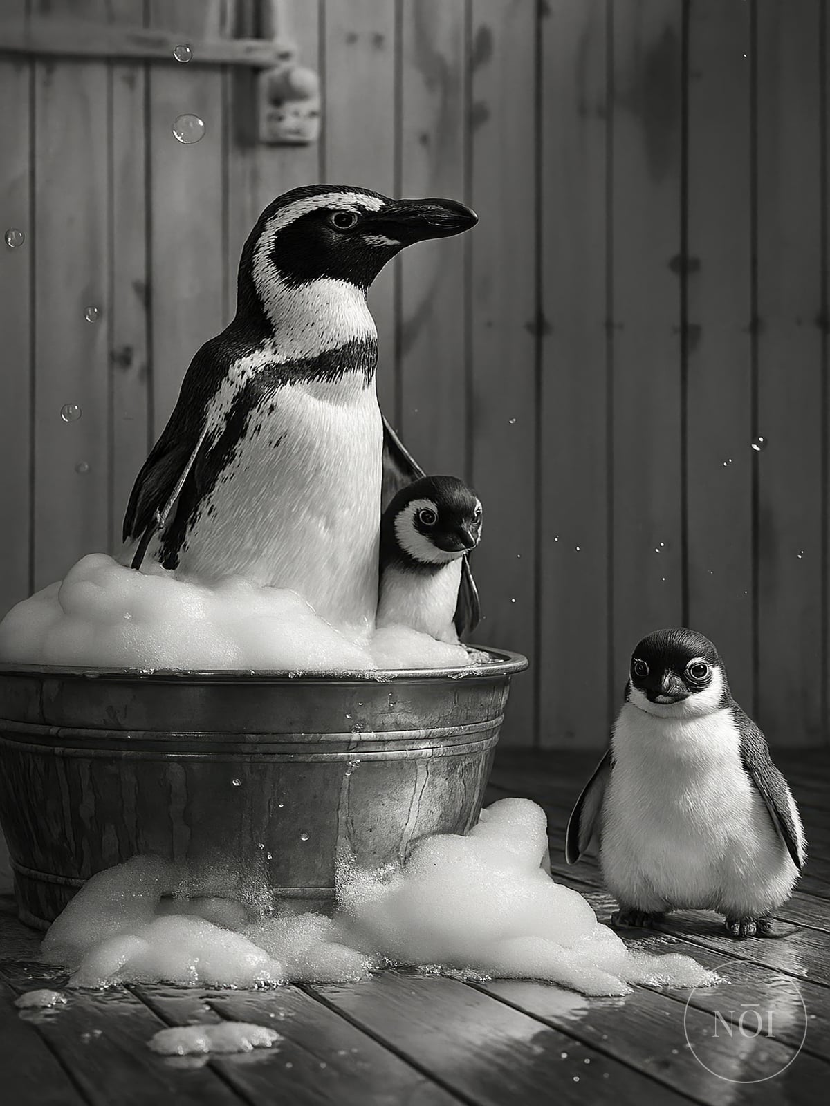 Pinguïnfamilie Schuimbad Print, Grappige Badkamer Wanddecoratie, Dieren-Humor Poster — Poster (ungerahmt)