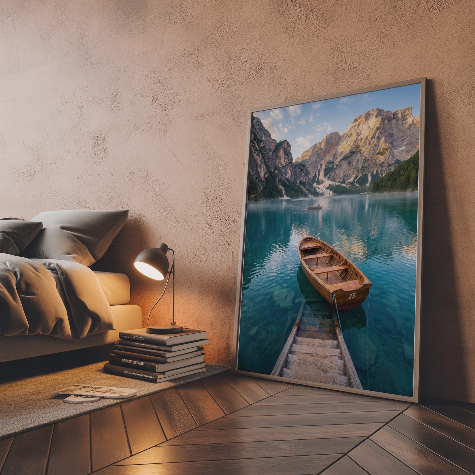 Boot Nr. 25 am Bergsee, Dolomiten-Poster, Wandbild Wohnzimmer