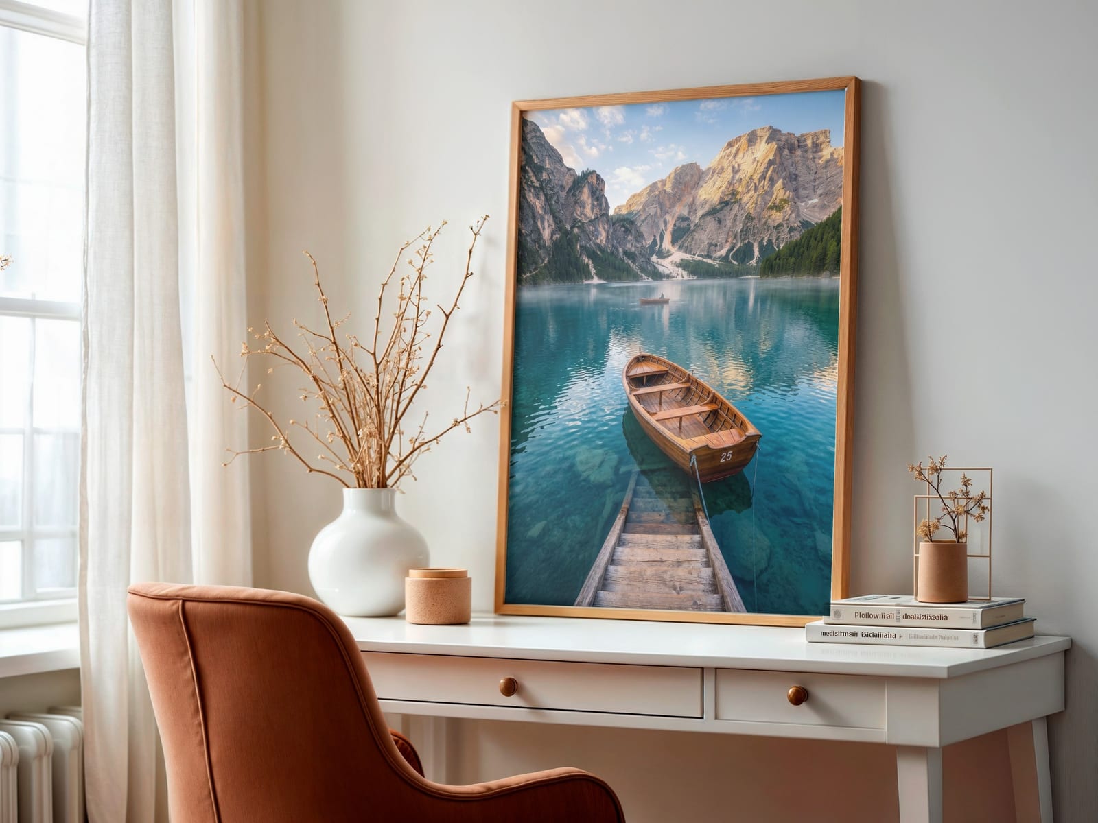 Boot Nr. 25 am Bergsee, Dolomiten-Poster, Wandbild Wohnzimmer