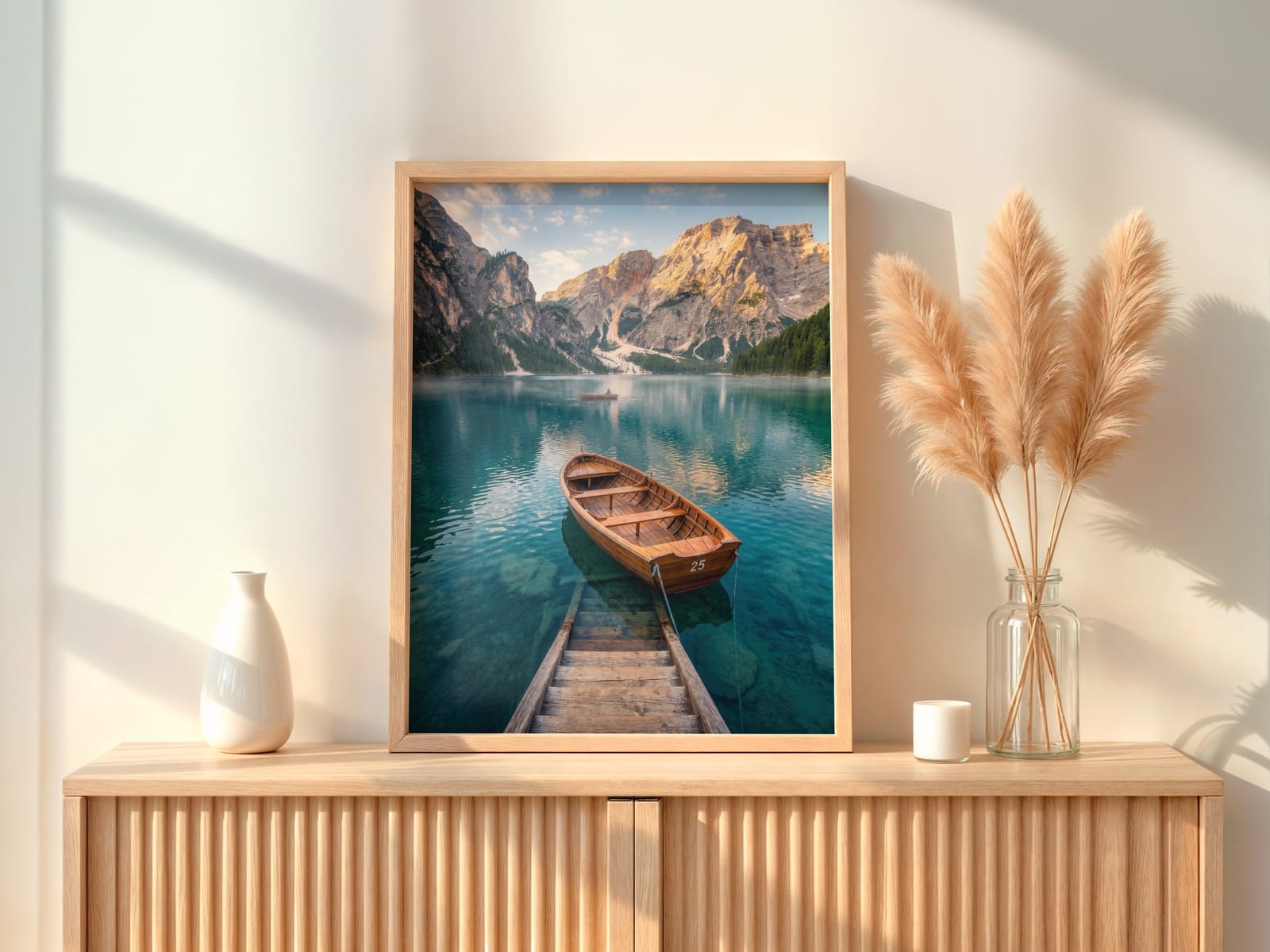Boot Nr. 25 am Bergsee, Dolomiten-Poster, Wandbild Wohnzimmer