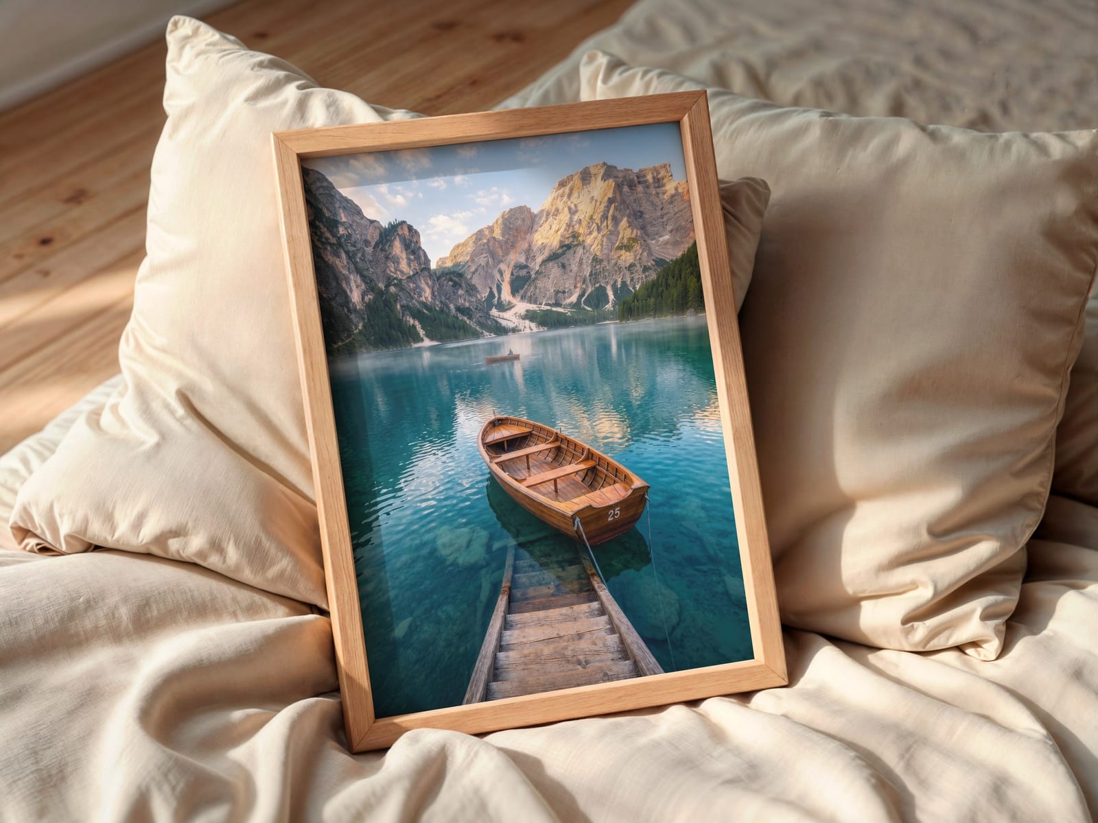 Boot Nr. 25 am Bergsee, Dolomiten-Poster, Wandbild Wohnzimmer
