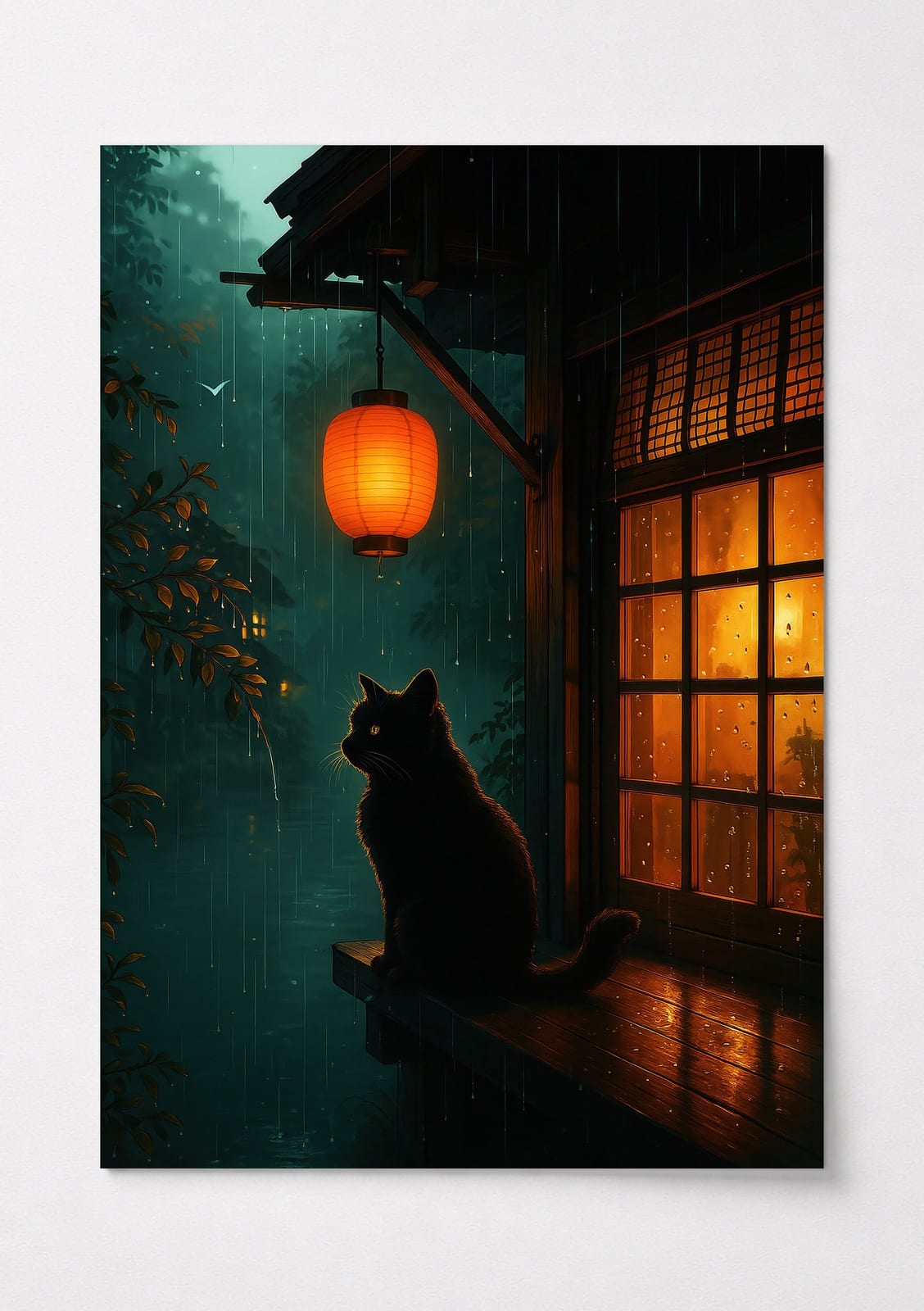 Sort Kat med Lanterne Print, Zen Vægkunst Regnfuld Nat, Gave til Katteelskere