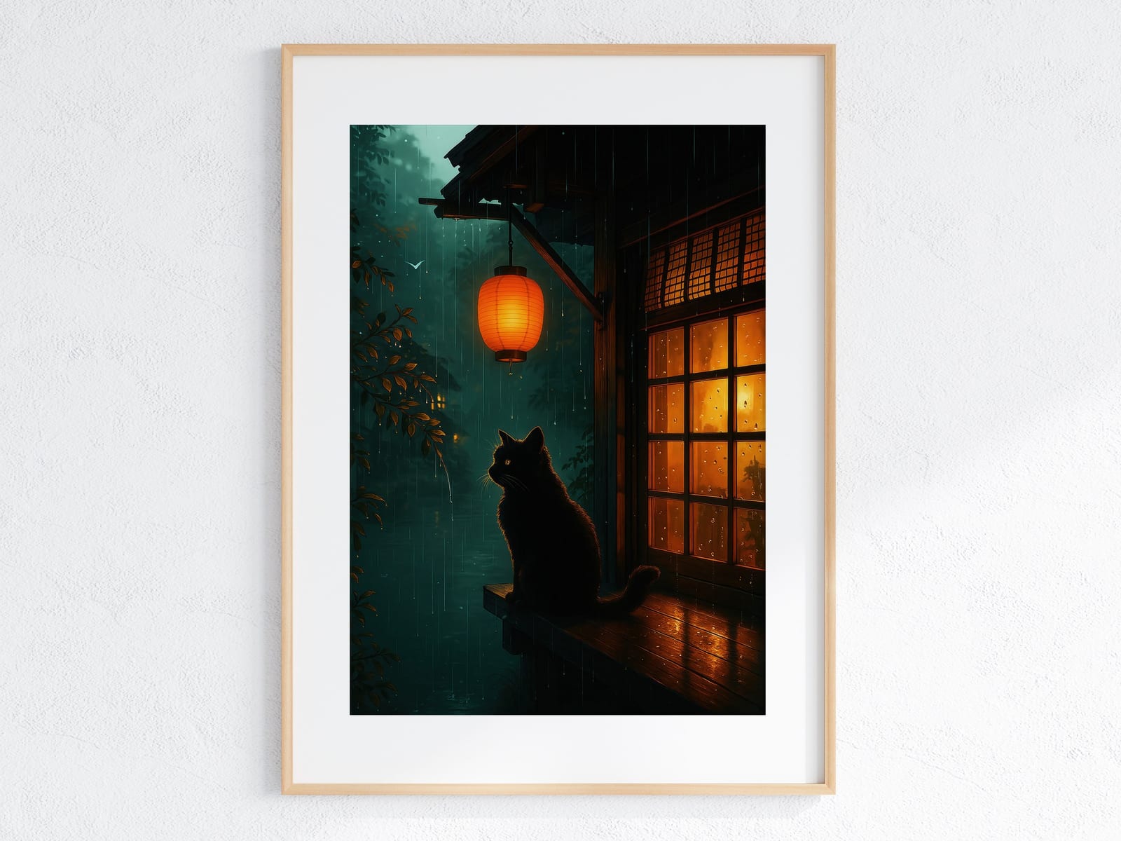 Svart Katt med Lykt Print, Zen Veggkunst Regnfull Natt, Gave til Katteelskere